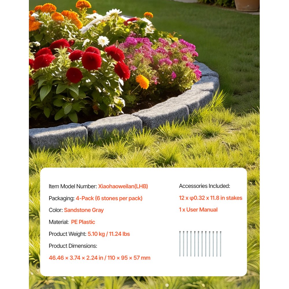 VEVOR Lawn Edging in Stone Look, 1180x95x57 mm Realistic Lawn Edging, Flexible Brick-Size Bed Edging with Anchoring Spikes, Bed Border for Driveways, Walkways, Set of 4, Gray
