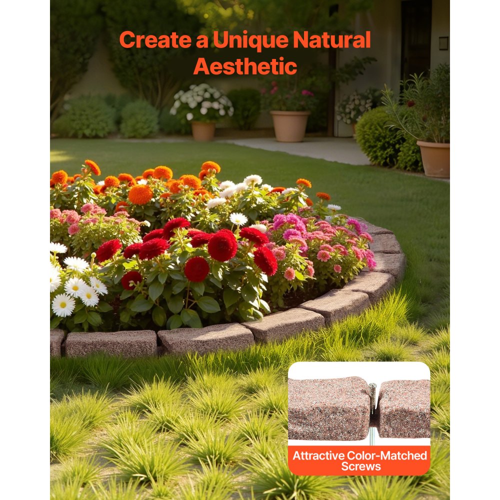 VEVOR Lawn Edging in Stone Look, Set of 4, 1180x95x57 mm, Bed Edging, Flexible Garden Border in Brick Size with Anchoring Spikes, Light-Resistant Bed Border for Driveways, Walkways, Brown