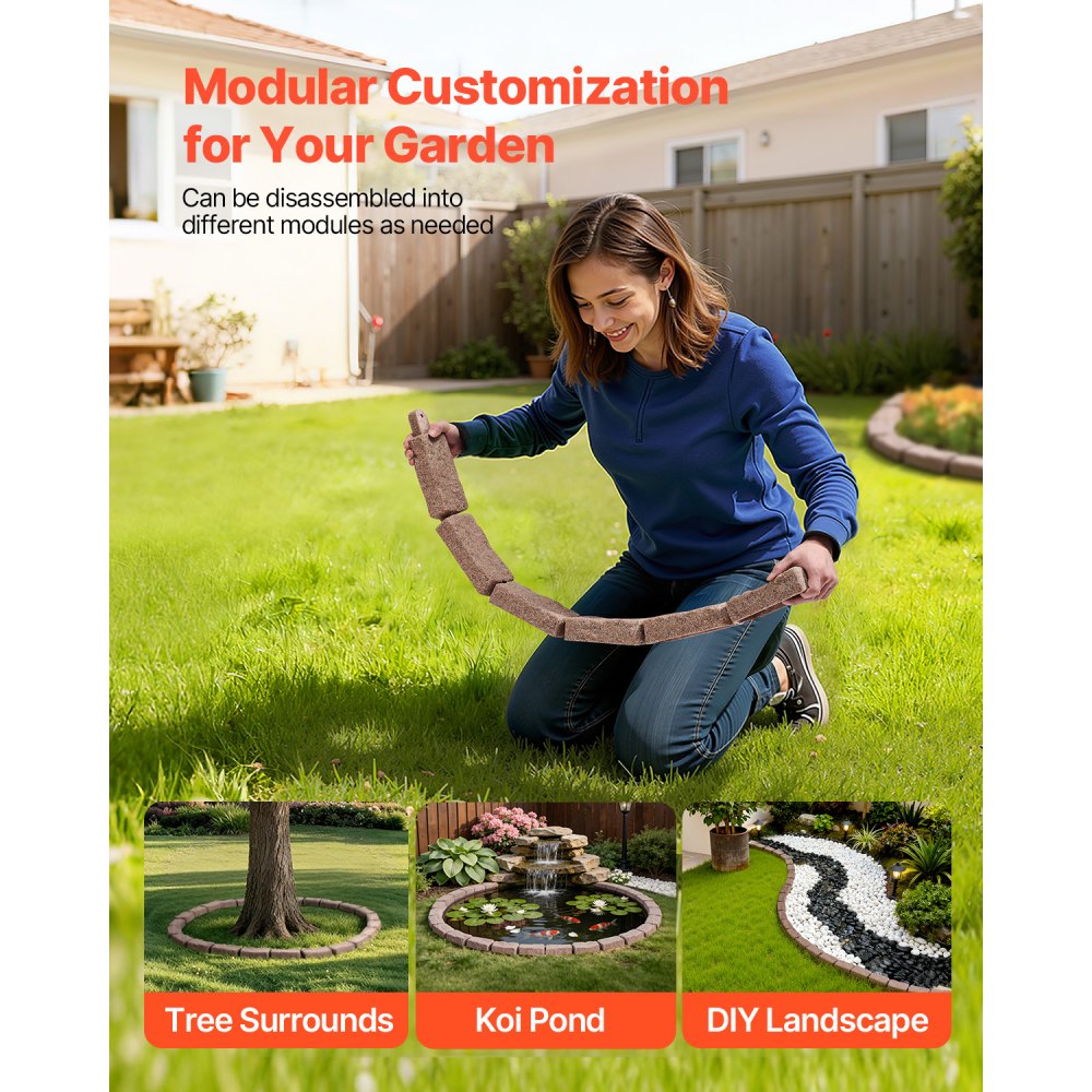 VEVOR Lawn Edging in Stone Look, Set of 4, 1180x95x57 mm, Bed Edging, Flexible Garden Border in Brick Size with Anchoring Spikes, Light-Resistant Bed Border for Driveways, Walkways, Brown