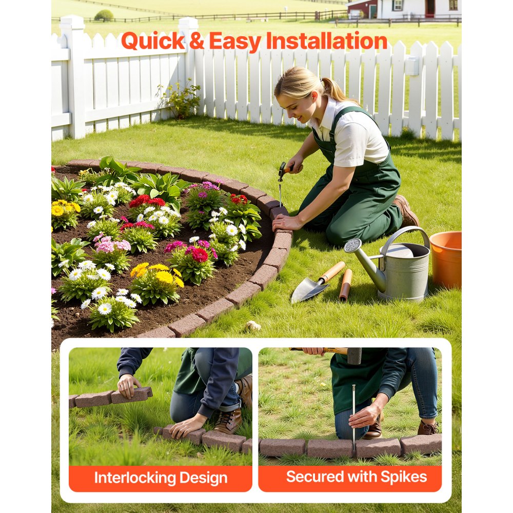 VEVOR Lawn Edging in Stone Look, Set of 4, 1180x95x57 mm, Bed Edging, Flexible Garden Border in Brick Size with Anchoring Spikes, Light-Resistant Bed Border for Driveways, Walkways, Brown