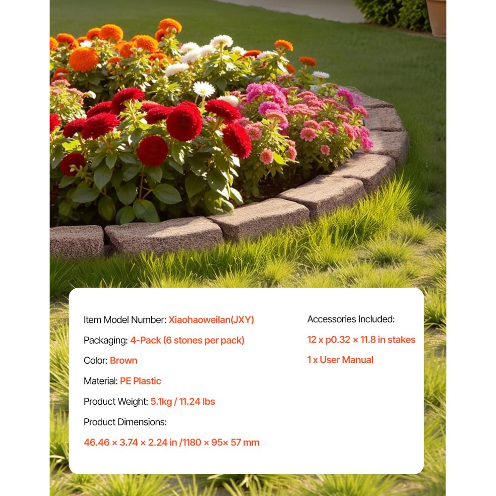 VEVOR Lawn Edging in Stone Look, Set of 4, 1180x95x57 mm, Bed Edging, Flexible Garden Border in Brick Size with Anchoring Spikes, Light-Resistant Bed Border for Driveways, Walkways, Brown