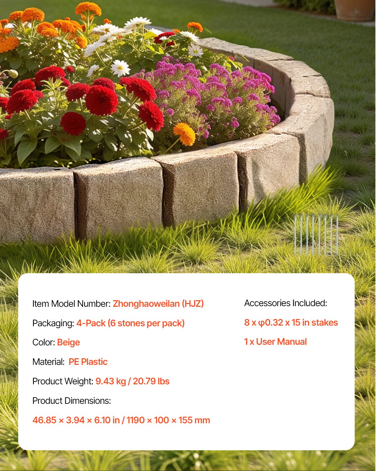 VEVOR Rasenkante in Steinoptik 4er-Set, 1190x100x155 mm, realistische Rasenkante, Beeteinfassung in Ziegelgröße mit Verankerungsspitzen, Beetumrandung für Einfahrten, Gehwege, Beige