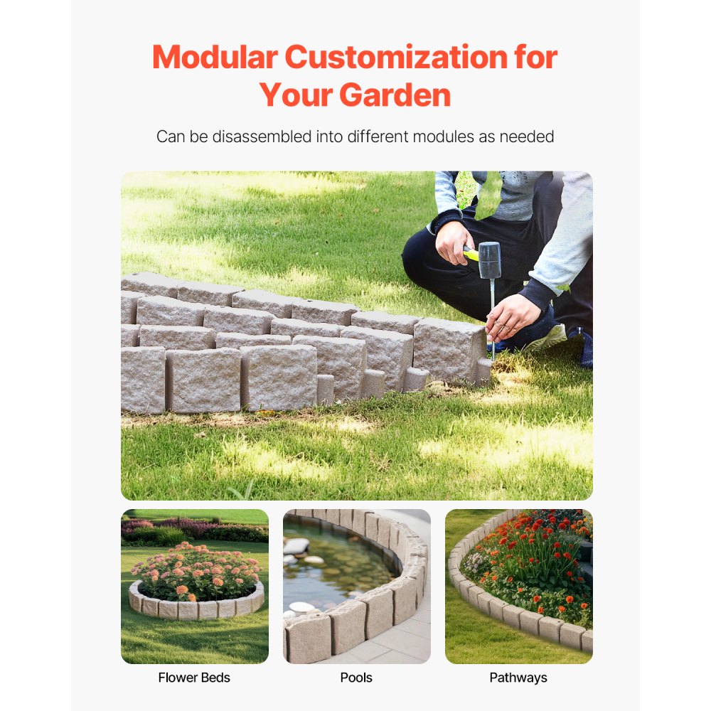 VEVOR Lawn Edging in Stone Look, Set of 4, 1190x100x155 mm, Realistic Bed Border, Flexible Garden Edging in Brick Size with Anchoring Spikes, Bed Border for Driveways, Walkways, Brown