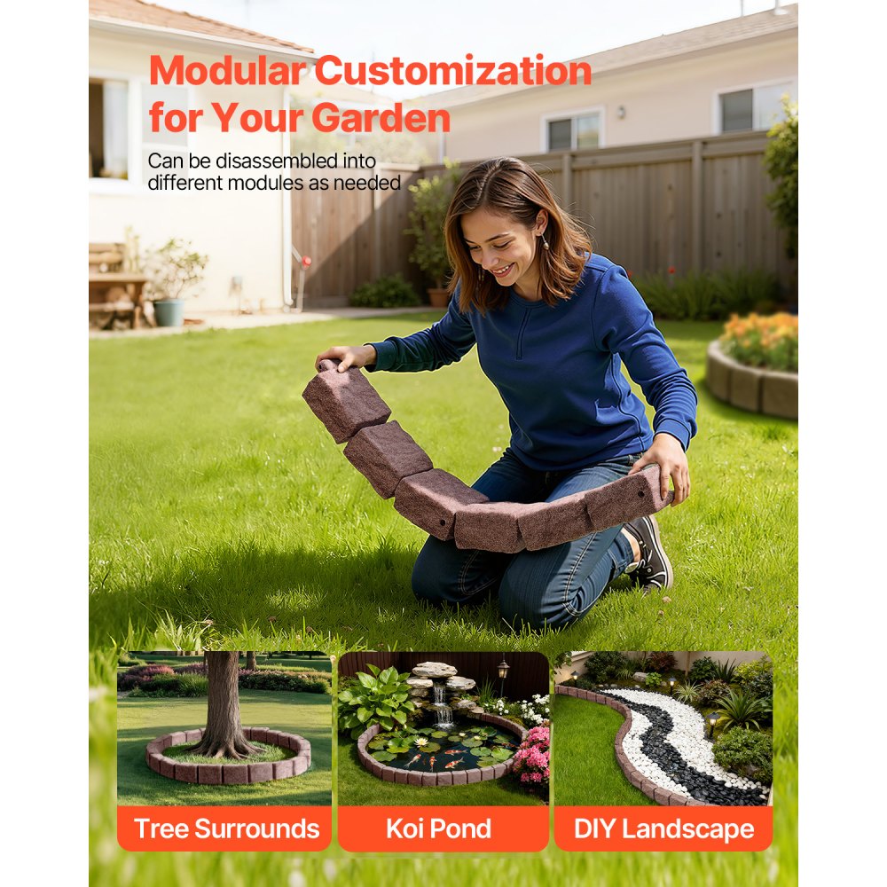 VEVOR Rasenkante in Steinoptik 4er-Set, 1190x100x155 mm, realistische Beeteinfassung, flexible Gartenbegrenzung in Ziegelgröße mit Verankerungsspitzen, Beetumrandung für Einfahrten, Gehwege, Braun