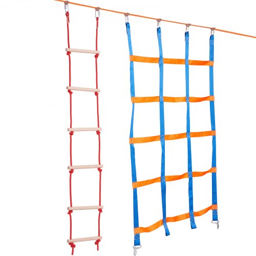 VEVOR Ninja Slackline Obstacles Set 2 x 18.29m Slacklines, 226.8kg Load Capacity Ninja Obstacle Course, Outdoor Playset Equipment, Backyard Toy Training Equipment Set with 14 Obstacles