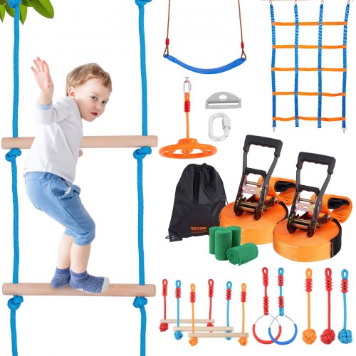 VEVOR Ninja Slackline Hindernisse Set 2 x 17 m Slacklines, 226,8 kg Tragkraft Ninja Hinderniskurs, Outdoor-Spielset-Ausrüstung, Hinterhofspielzeug-Trainingsausrüstungsset mit 12 Hindernissen