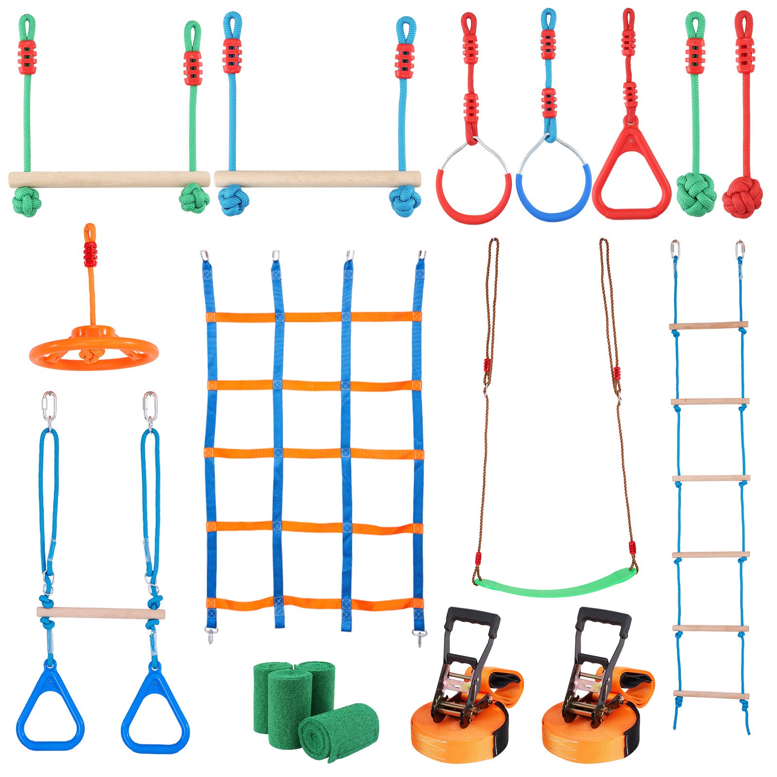 VEVOR Ninja Slackline Hindernisse Set 2 x 19,8 m Slacklines, 226,8 kg Tragkraft Ninja Hinderniskurs, Outdoor-Spielset-Ausrüstung, Hinterhofspielzeug-Trainingsausrüstungsset mit 12 Hindernissen