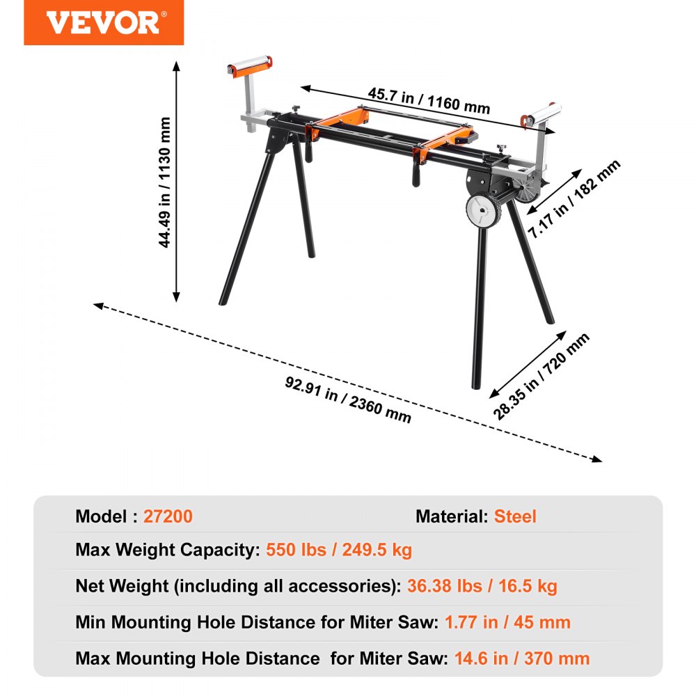 VEVOR Miter Saw Stand, 250 kg Load Capacity, Foldable Steel Stand for Miter Saws with One-Piece Mounting Clamps, Adjustable Height & Length, Portable Miter Saw Stand
