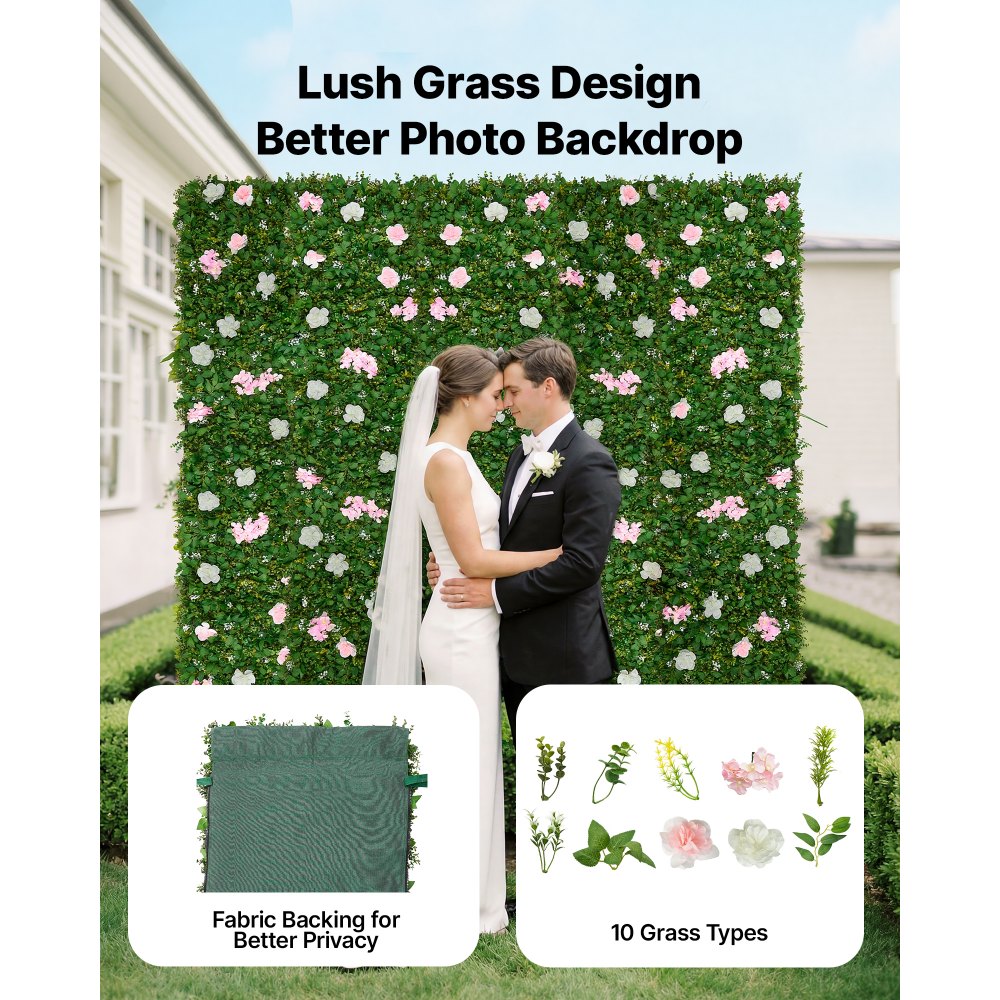 VEVOR Künstliche Hecke  2,4 m x 61 cm 2 Stk., Pflanzenwand, PE-Sichtschutz, Sichtschutzzaun mit Seidenblumen, Heckenzaun, Kunstpflanzen Balkonverkleidung für Hochzeiten, Außengärten, Hinterhöfe