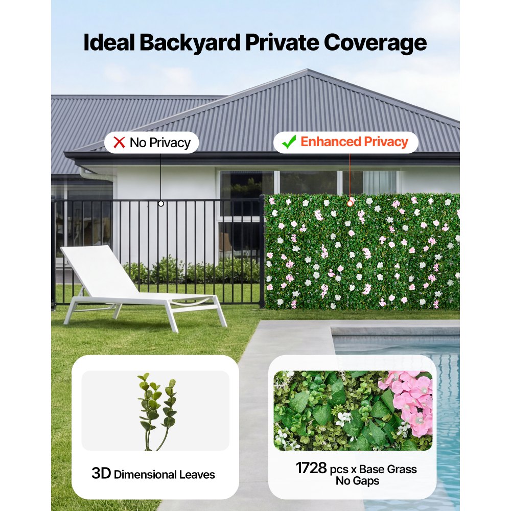 VEVOR Künstliche Hecke  2,4 m x 61 cm 2 Stk., Pflanzenwand, PE-Sichtschutz, Sichtschutzzaun mit Seidenblumen, Heckenzaun, Kunstpflanzen Balkonverkleidung für Hochzeiten, Außengärten, Hinterhöfe