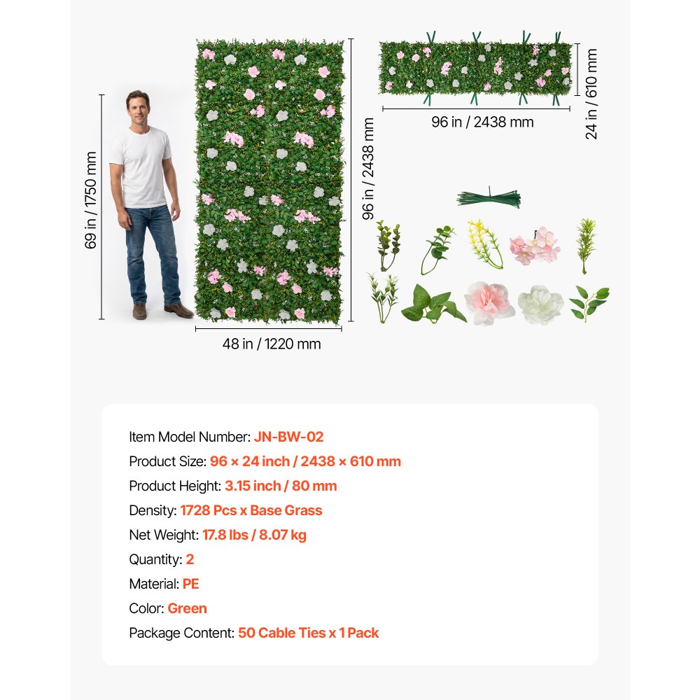 VEVOR Künstliche Hecke  2,4 m x 61 cm 2 Stk., Pflanzenwand, PE-Sichtschutz, Sichtschutzzaun mit Seidenblumen, Heckenzaun, Kunstpflanzen Balkonverkleidung für Hochzeiten, Außengärten, Hinterhöfe