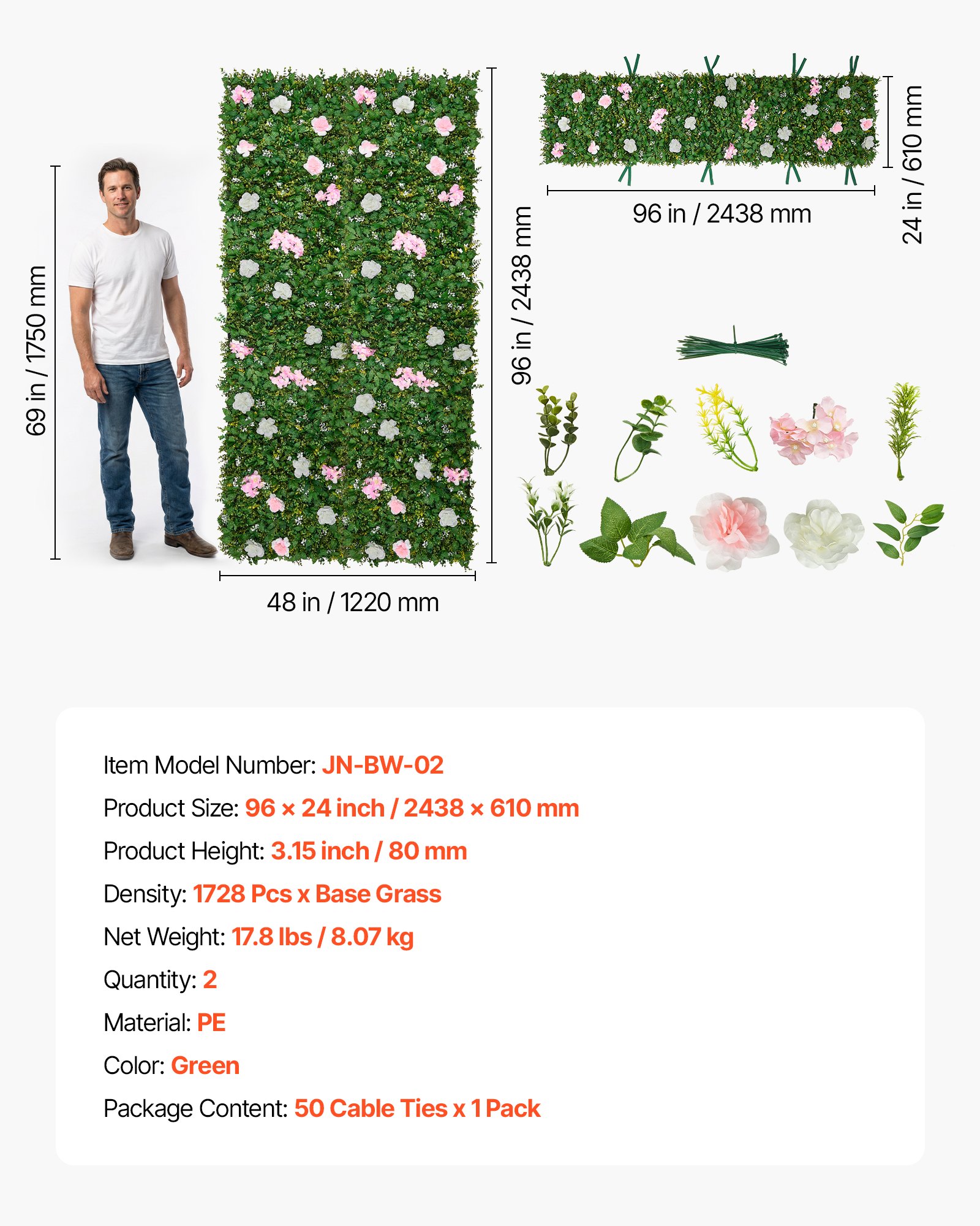 VEVOR Künstliche Hecke  2,4 m x 61 cm 2 Stk., Pflanzenwand, PE-Sichtschutz, Sichtschutzzaun mit Seidenblumen, Heckenzaun, Kunstpflanzen Balkonverkleidung für Hochzeiten, Außengärten, Hinterhöfe