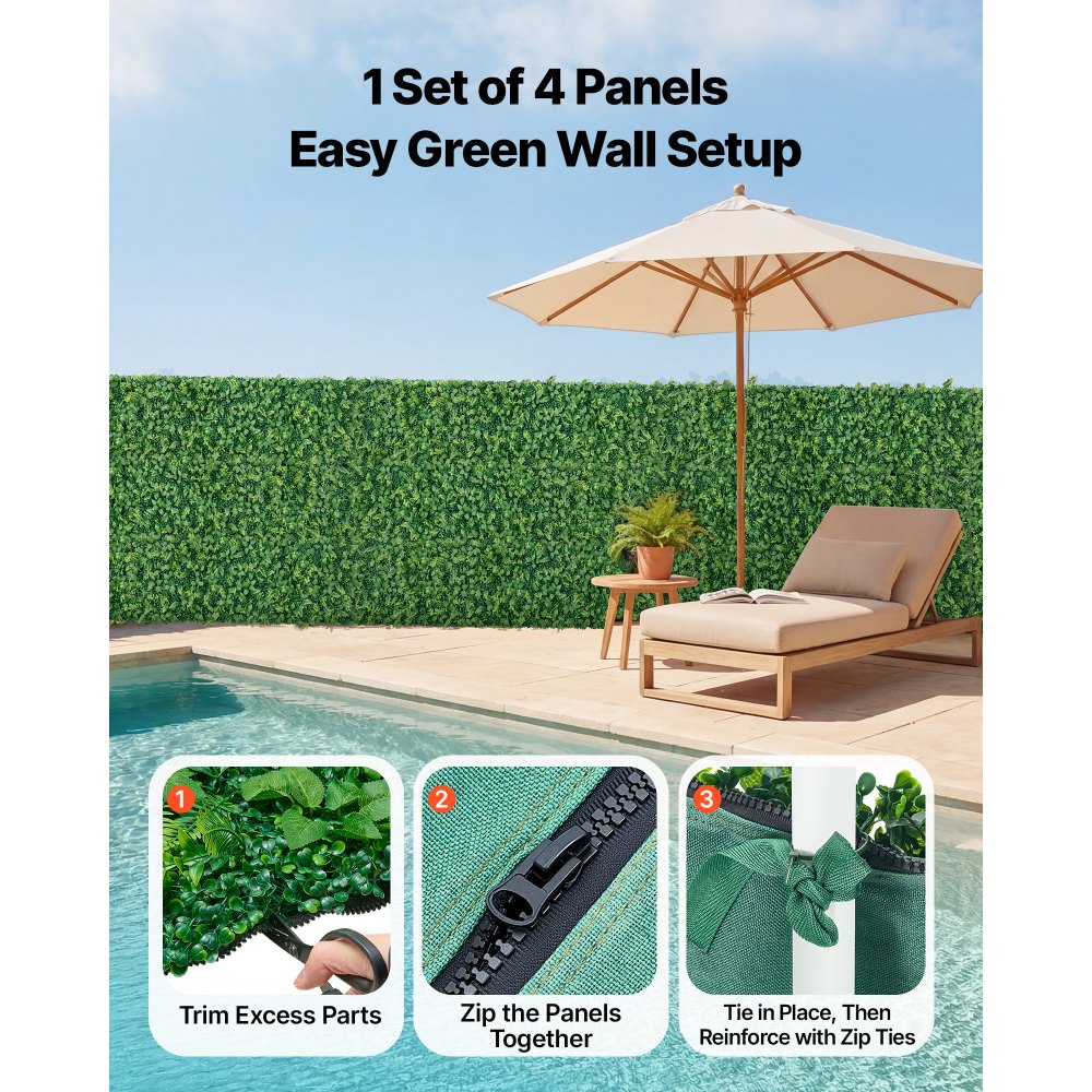 VEVOR Künstliche Hecke 2,4 m x 61 cm 4-tlg. Set, Pflanzenwand, PE-Sichtschutz, Sichtschutzzaun, Windschutz, Heckenzaun, Kunstpflanzen Balkonverkleidung für Hochzeiten, Außengärten, Hinterhöfe