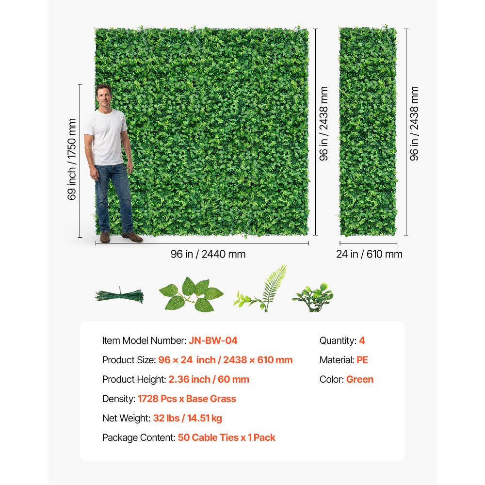 VEVOR Künstliche Hecke 2,4 m x 61 cm 4-tlg. Set, Pflanzenwand, PE-Sichtschutz, Sichtschutzzaun, Windschutz, Heckenzaun, Kunstpflanzen Balkonverkleidung für Hochzeiten, Außengärten, Hinterhöfe