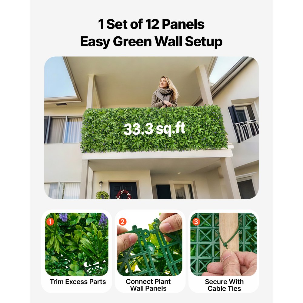 VEVOR Künstliche Hecke, 3x1 m Pflanzenwand, PE-Sichtschutz, Sichtschutzzaun, Windschutz, Heckenzaun, Kunstpflanzen Balkonverkleidung für Hochzeiten, Innenräume, Außengärten, Hinterhöfe (1 Stk.)