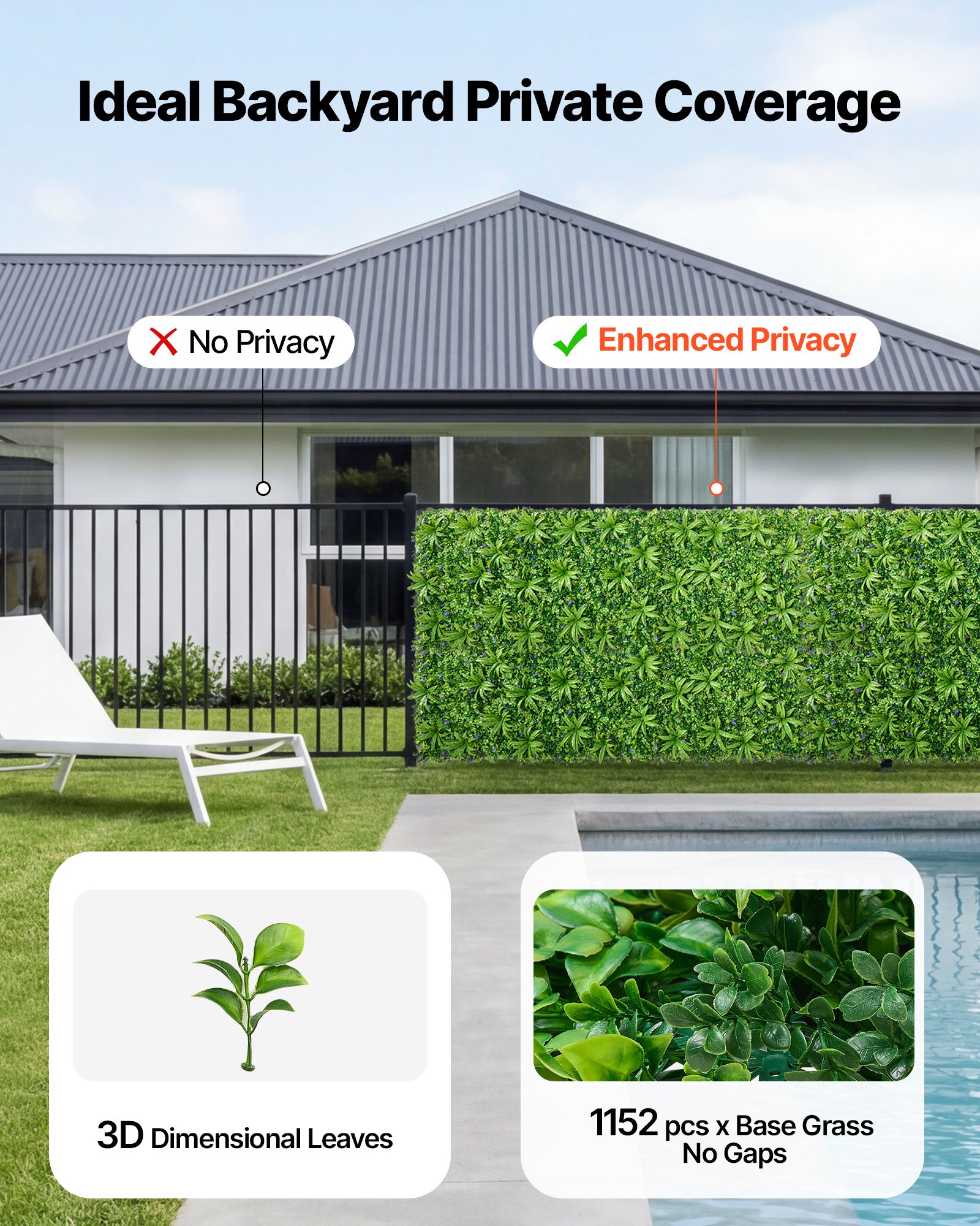 VEVOR Künstliche Hecke, 3x1 m Pflanzenwand, PE-Sichtschutz, Sichtschutzzaun, Windschutz, Heckenzaun, Kunstpflanzen Balkonverkleidung für Hochzeiten, Innenräume, Außengärten, Hinterhöfe (1 Stk.)