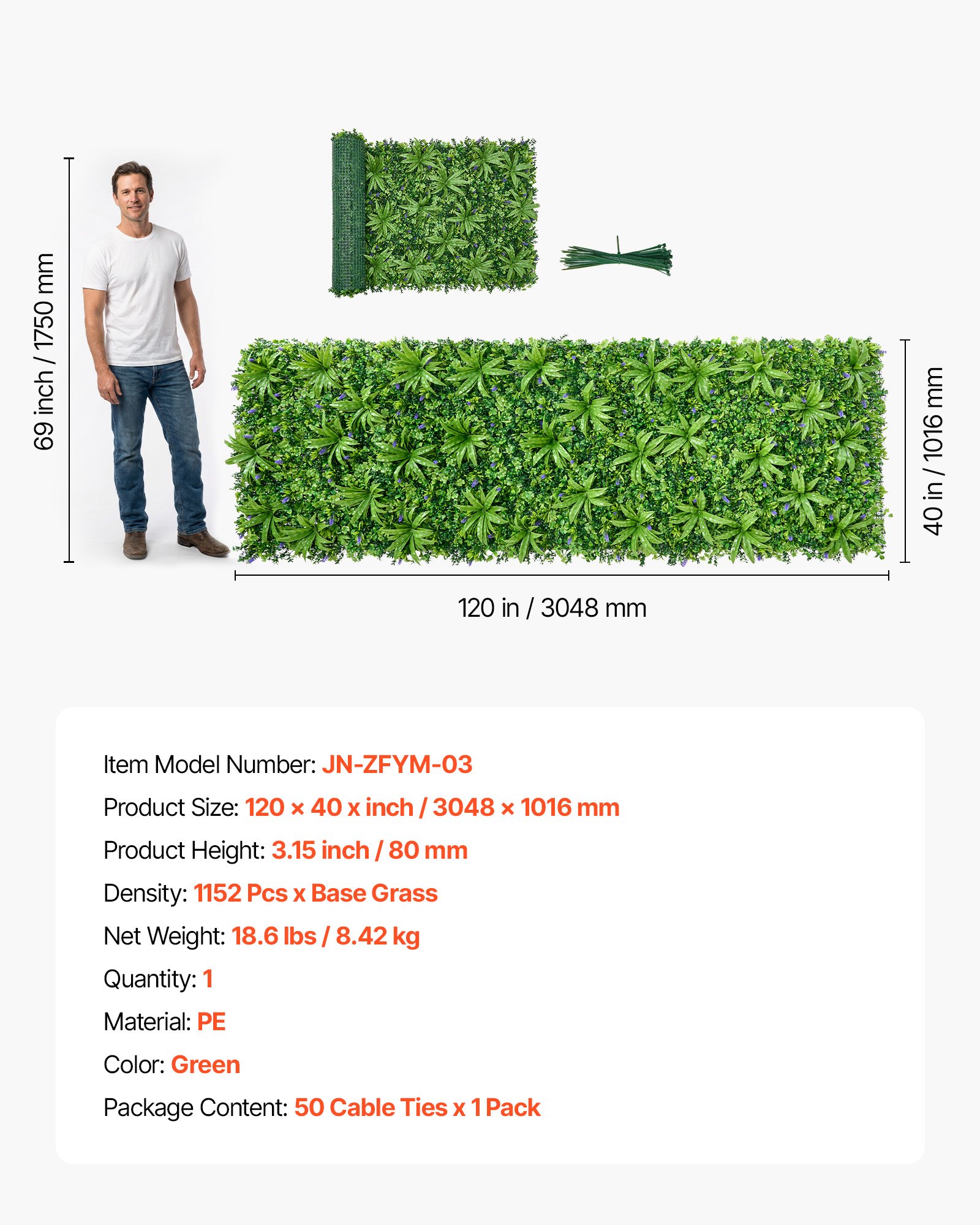 VEVOR Künstliche Hecke, 3x1 m Pflanzenwand, PE-Sichtschutz, Sichtschutzzaun, Windschutz, Heckenzaun, Kunstpflanzen Balkonverkleidung für Hochzeiten, Innenräume, Außengärten, Hinterhöfe (1 Stk.)