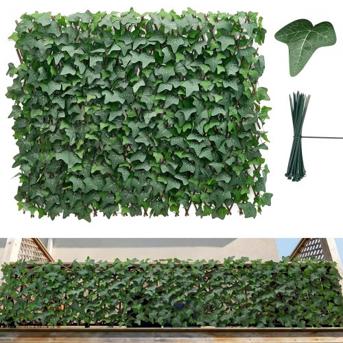 VEVOR Künstliche Hecke 63,5x320 cm, Pflanzenwand, Ausziehbarer Sichtschutz, Efeu-Sichtschutzzaun, Windschutz, Heckenzaun, Kunstpflanzen