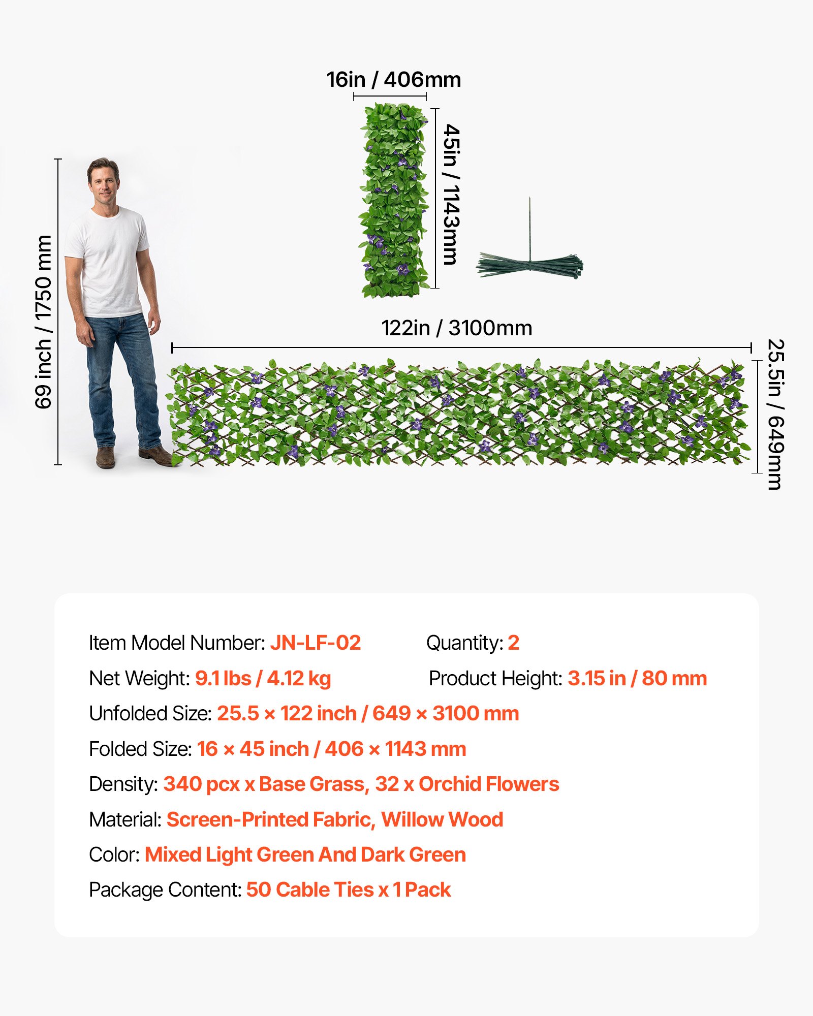 VEVOR Künstliche Hecke 64,9x310 cm 2-tlg. Set, Pflanzenwand, Ausziehbarer Sichtschutz, Sichtschutzzaun, Heckenzaun, Kunstpflanzen Balkonverkleidung für Hochzeiten, Außengärten, Hinterhöfe