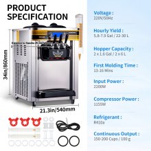 VEVOR Kommerzielle Softeismaschine 2200 W Arbeitsplatte Softeismaschine 22-30 L/Std.Softeismaschine Desktop, Softeismaschine 3 Geschmack mit LCD-Display Eiscrememaschine Speiseeismaschine