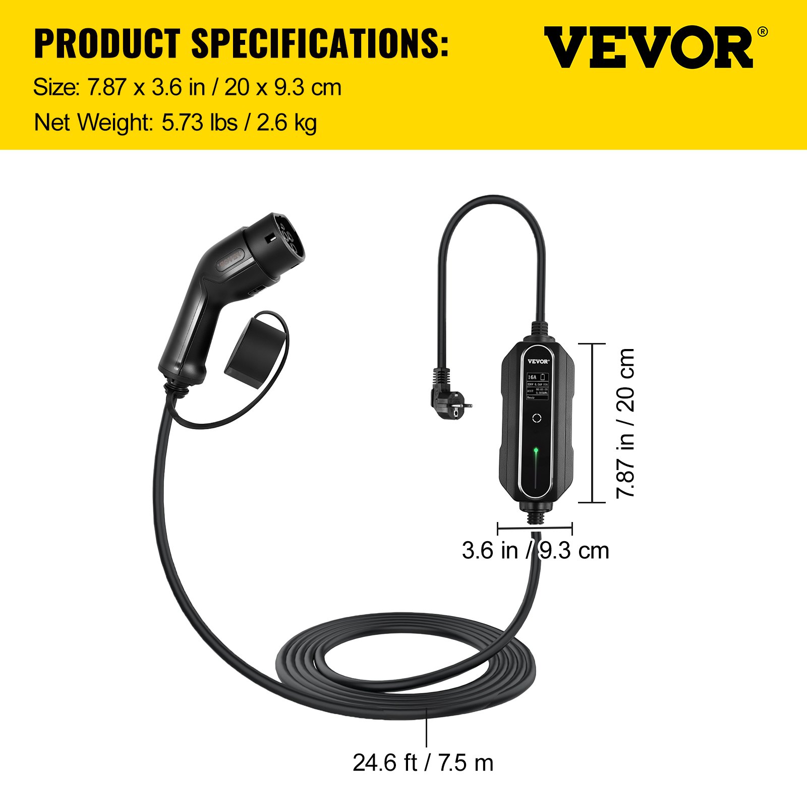 VEVOR EV Ladegerät 16 A EV Ladekabel für EU Standard, 7,5 m Ladestation für Elektroauto 2 Pin Schuko Stecker, 3,6 kW Elektrofahrzeug, 250 V IP54-Anschluss mit LCD Digitalbildschirm & CE Zertifizierung