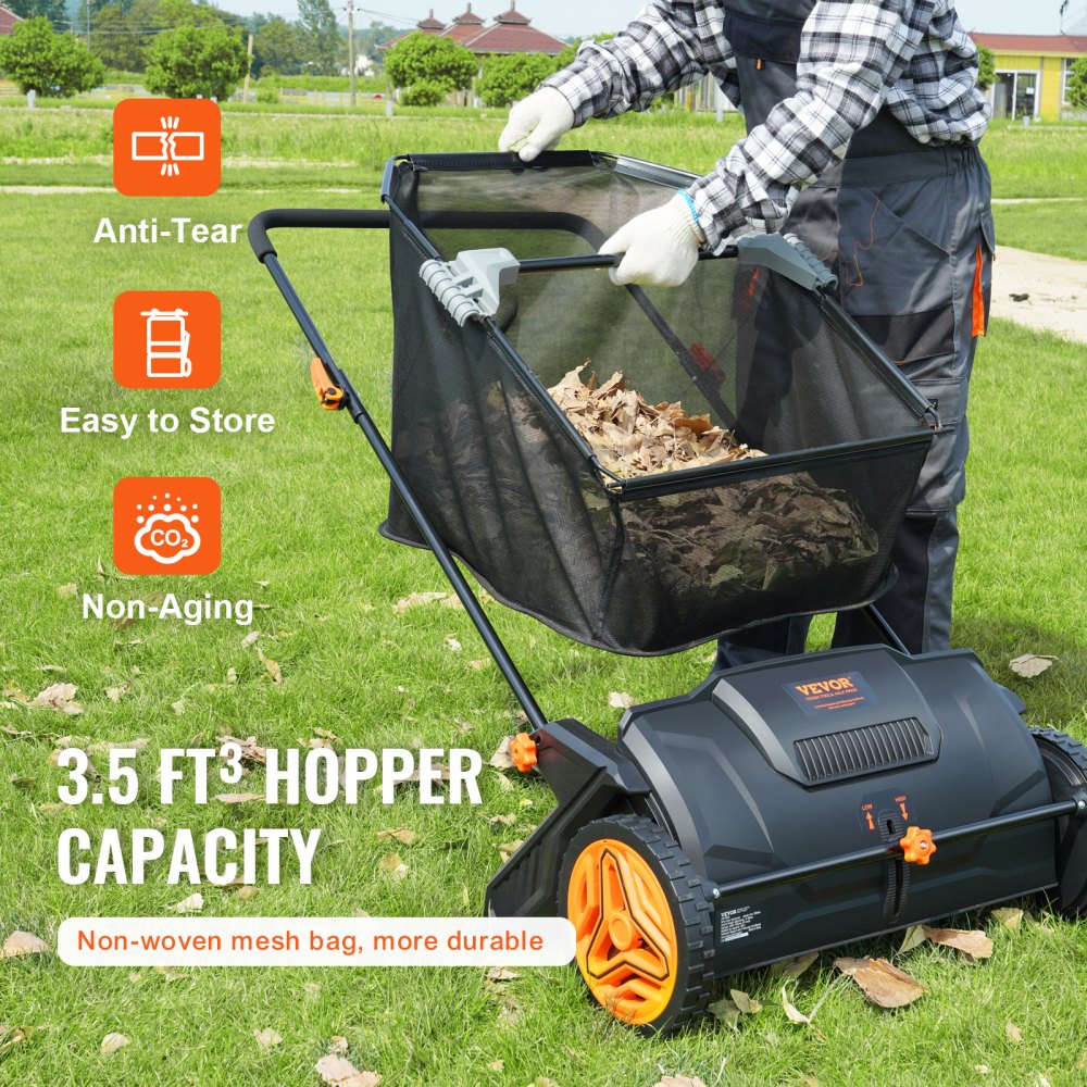VEVOR Hand Lawn Mower, 53.5cm Sweeping Width, Manual Lawn Mower, 99L Grass Catcher Capacity, Reel Mower, 112x67x90cm, Adjustable Hand Reel Mower for Sweeping Leaves, Grass Clippings, and Small Twigs