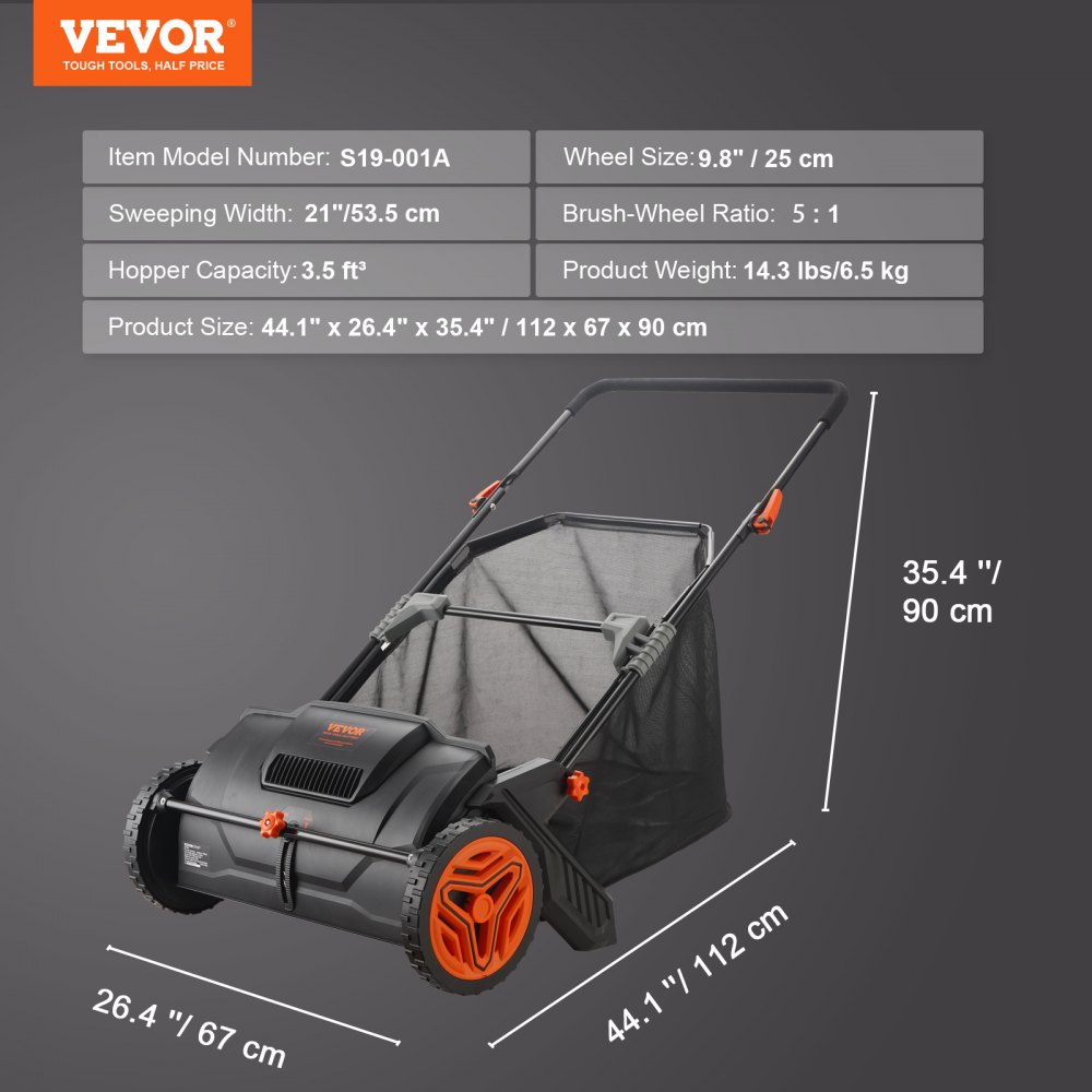 VEVOR Hand Lawn Mower, 53.5cm Sweeping Width, Manual Lawn Mower, 99L Grass Catcher Capacity, Reel Mower, 112x67x90cm, Adjustable Hand Reel Mower for Sweeping Leaves, Grass Clippings, and Small Twigs