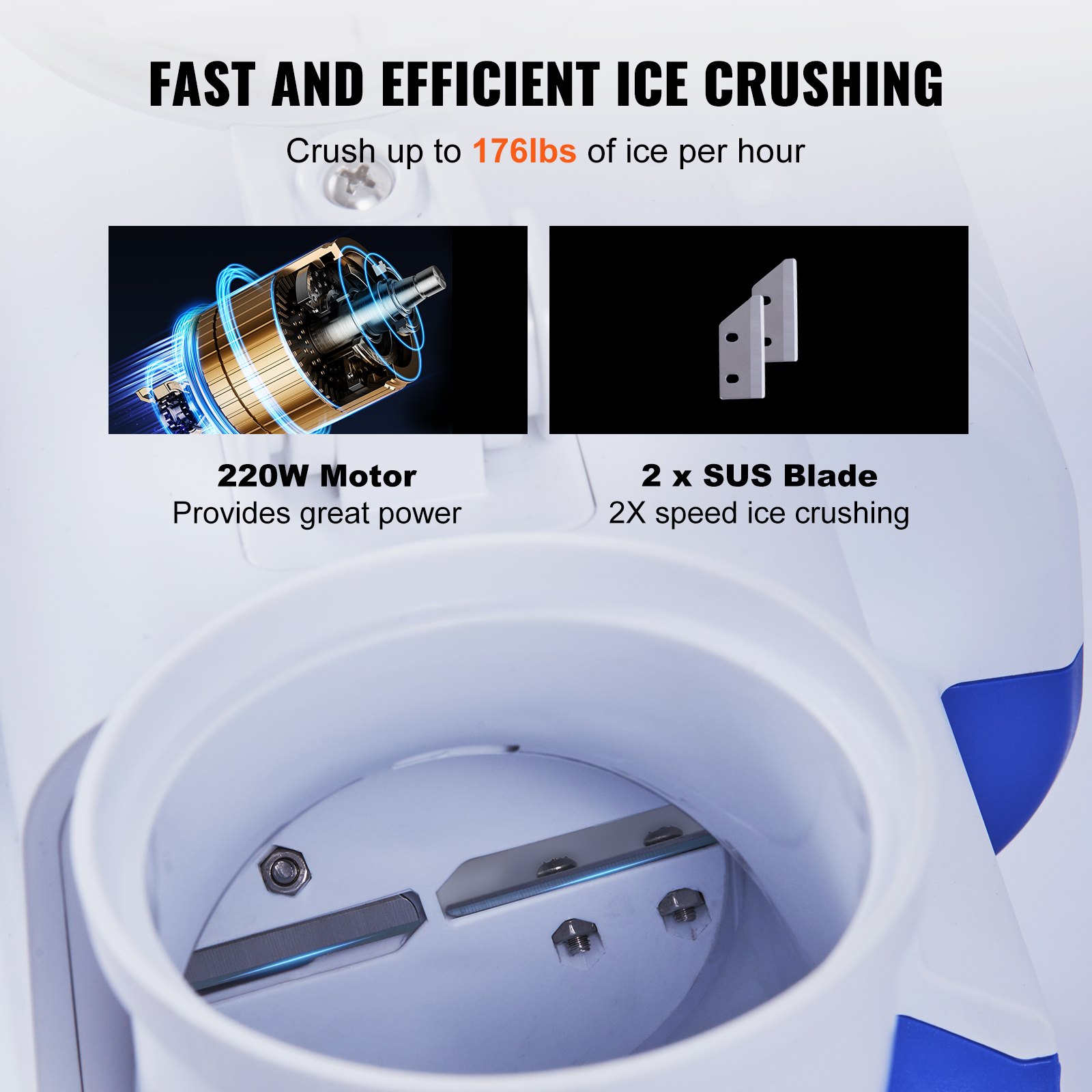 VEVOR Eiszerkleinerungsmaschine Eisrasiermaschine Eisrasierer 80 kg/h, ABS Eiszerkleinerungsrasierer 180 W, 410 x 172 x 275 mm Energieeinsparung Hersteller mit 2 Klingen