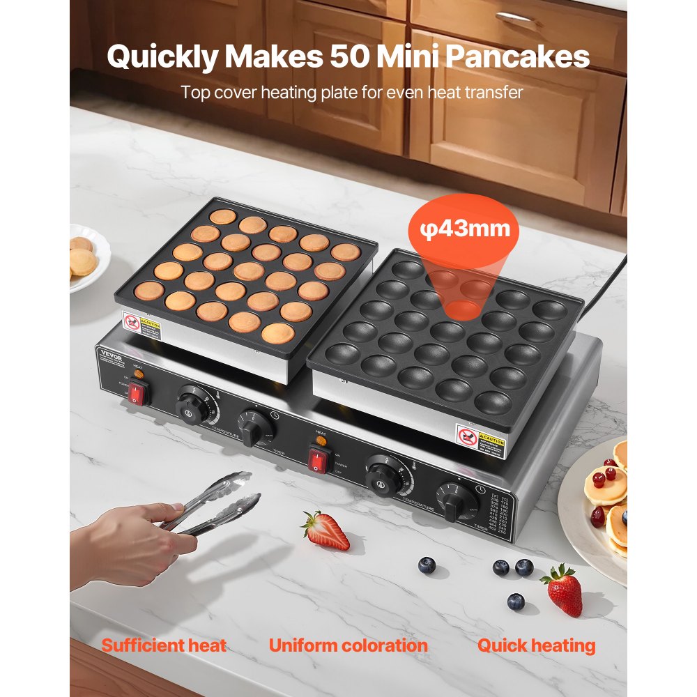 VEVOR 50-piece Mini Pancake Maker, Dorayaki Baker made of non-stick stainless steel, 1800W commercial electric poffertjes grill pan, dual temperature and time control, for restaurants