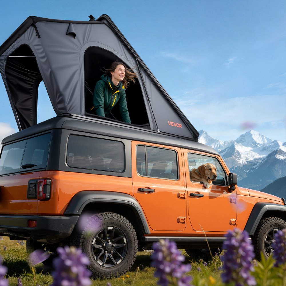 VEVOR Autodachzelt Hartschalen für 2-3 Personen, Campingzelt aus Aluminium mit Dreifarbiger LED-Beleuchtung & Fenster, Wasserfest & Windicht, für Jeep SUV Pickup, 2535 x 1320 x 1520 mm (Aufgeklappt)