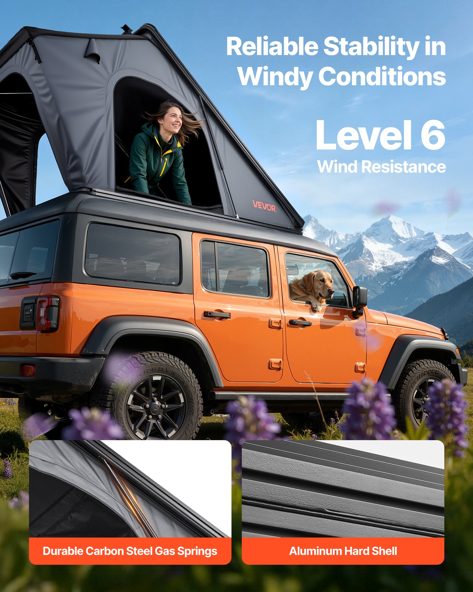 VEVOR Autodachzelt Hartschalen für 2-3 Personen, Campingzelt aus Aluminium mit Dreifarbiger LED-Beleuchtung & Fenster, Wasserfest & Windicht, für Jeep SUV Pickup, 2535 x 1320 x 1520 mm (Aufgeklappt)