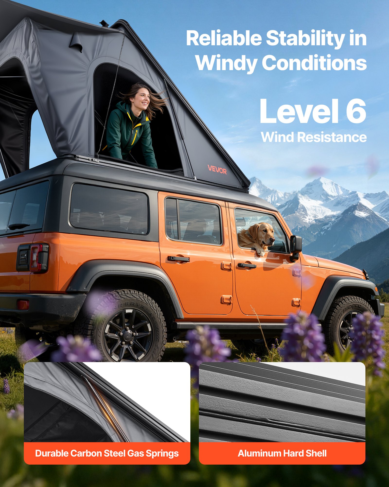 VEVOR Autodachzelt Hartschalen für 2-3 Personen, Campingzelt aus Aluminium mit Dreifarbiger LED-Beleuchtung & 1 Fenster, Wasserfest & Windicht, für Jeep SUV Pickup, 256 x 222 x 152 cm (Aufgeklappt)