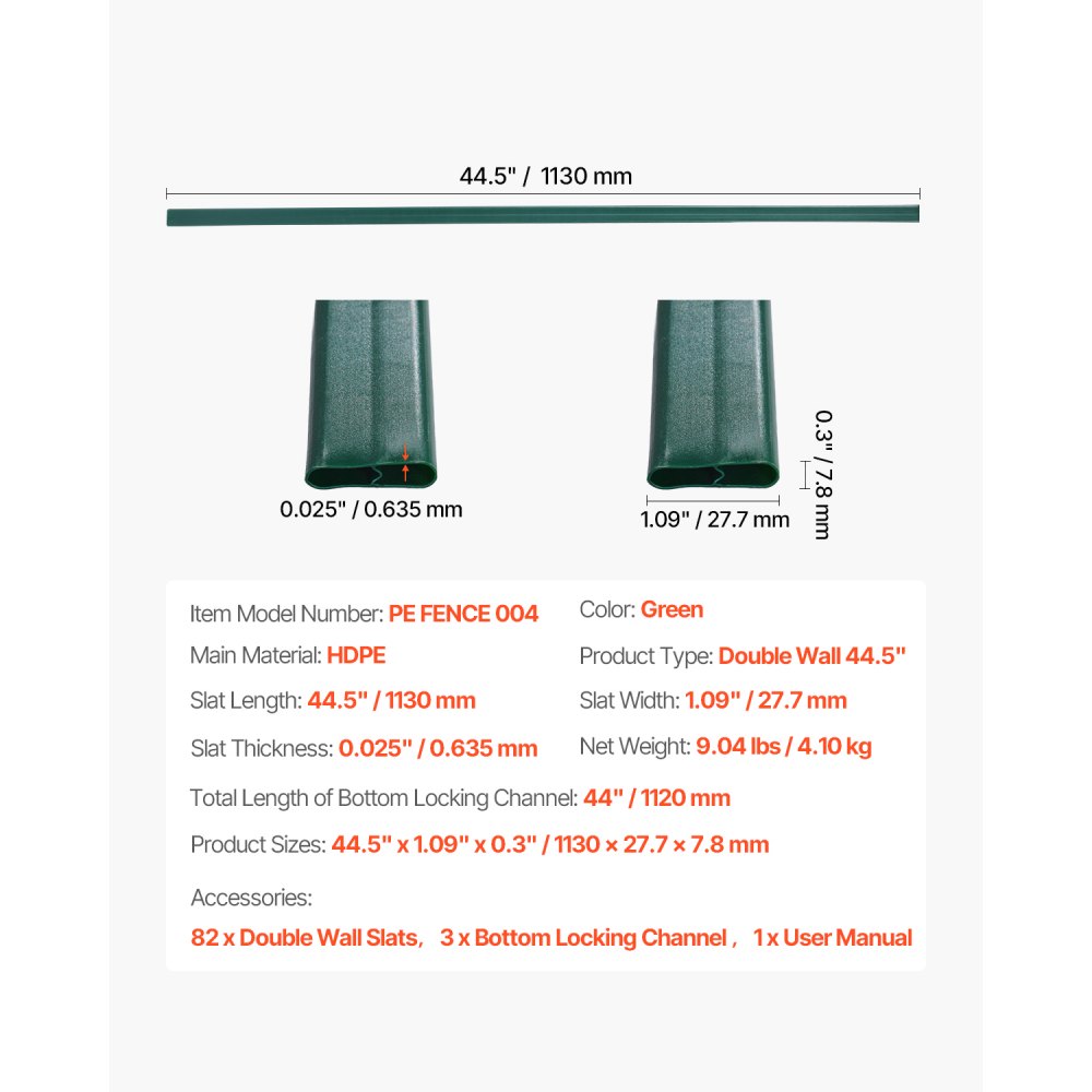 VEVOR Sichtschutzlamellen 1130 mm, doppelwandige vertikale Lamellen mit unterer Verriegelung für Maschendrahtzäune, hochdichte HDPE-Maschendrahtlamellen, ideal für Garten, Bauernhof, Sportplatz (grün)