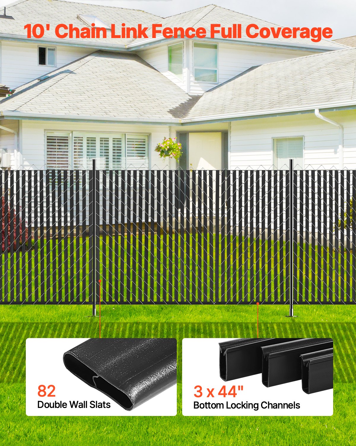 VEVOR privacy screen slats, 1740 mm double-walled vertical slats with bottom locking mechanism for chain link fences, HDPE chain link slats, ideal for garden, farm, sports field (black)