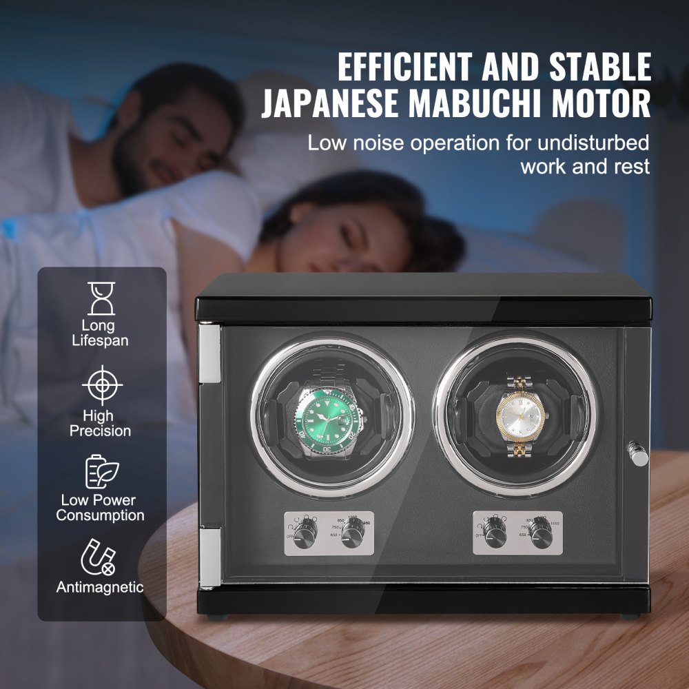 VEVOR Uhrenbeweger, Automatik-Uhrenbeweger, Watch Winder, Uhrenbeweger für Automatikuhren, Automatischer Uhrenbeweger mit Platz für 2 Uhren, LED Beleuchtung, 150–207 mm Einstellbare Riemenlänge