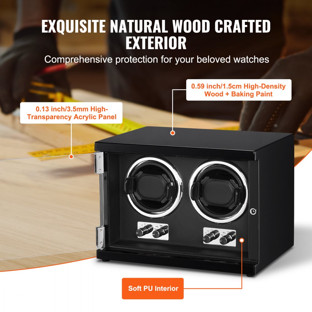 VEVOR Uhrenbeweger, Automatik-Uhrenbeweger, Watch Winder, Uhrenbeweger für Automatikuhren, Automatischer Uhrenbeweger mit Platz für 2 Uhren, LED Beleuchtung, 150–207 mm Einstellbare Riemenlänge