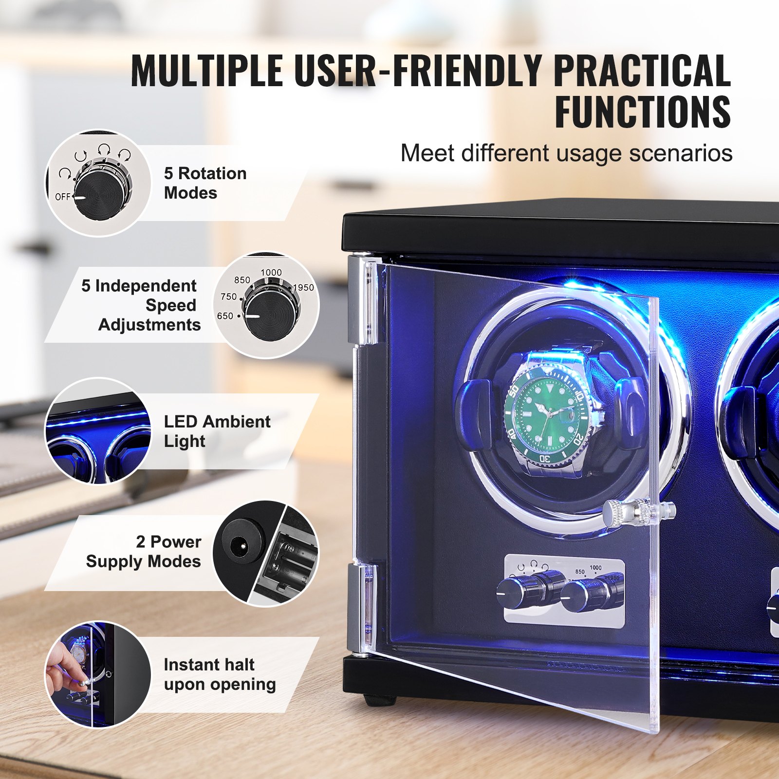 VEVOR Uhrenbeweger, Automatik-Uhrenbeweger, Watch Winder, Uhrenbeweger für Automatikuhren, Automatischer Uhrenbeweger mit Platz für 2 Uhren, LED Beleuchtung, 150–207 mm Einstellbare Riemenlänge