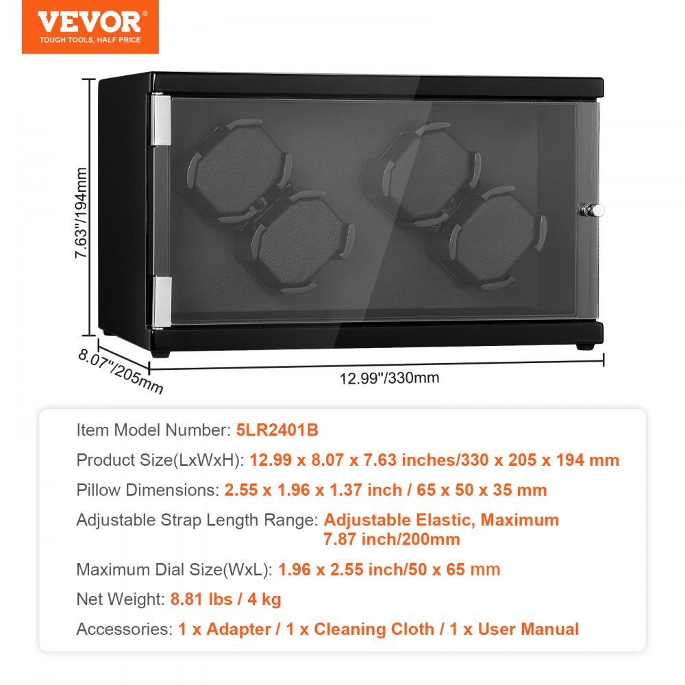 VEVOR Uhrenbeweger, Automatik-Uhrenbeweger, Watch Winder, Uhrenbeweger für Automatikuhren, Automatischer Uhrenbeweger mit Platz für 4 Uhren, LED Beleuchtung, Max. 20 cm Riemenlänge Schwarz