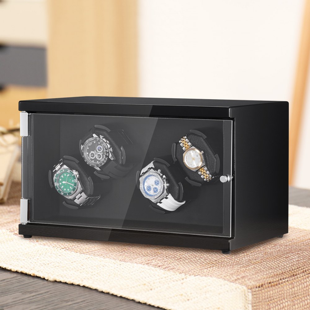 VEVOR Uhrenbeweger, Automatik-Uhrenbeweger, Watch Winder, Uhrenbeweger für Automatikuhren, Automatischer Uhrenbeweger mit Platz für 4 Uhren, LED Beleuchtung, Max. 20 cm Riemenlänge Schwarz