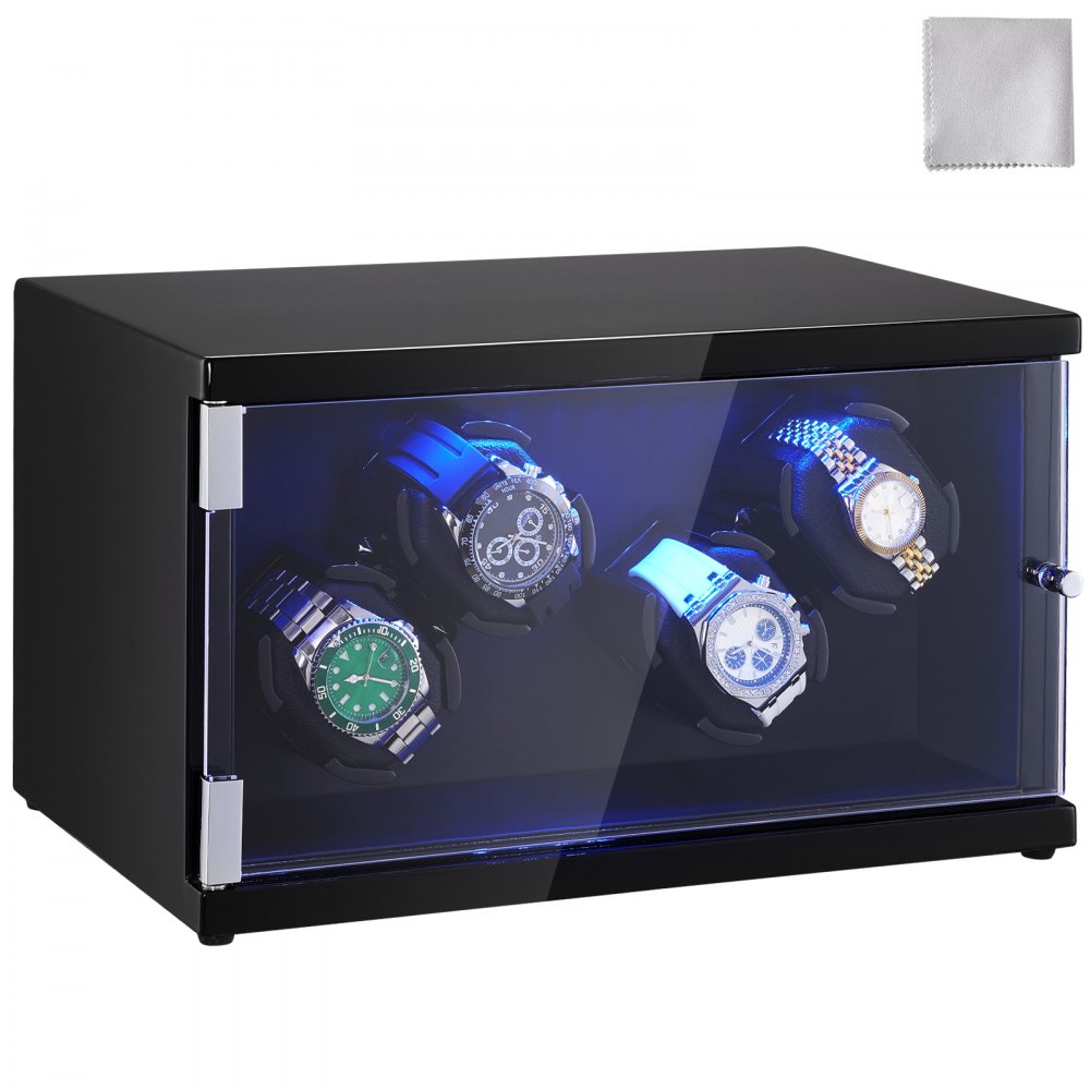VEVOR Uhrenbeweger, Automatik-Uhrenbeweger, Watch Winder, Uhrenbeweger für Automatikuhren, Automatischer Uhrenbeweger mit Platz für 4 Uhren, LED Beleuchtung, Max. 20 cm Riemenlänge Schwarz