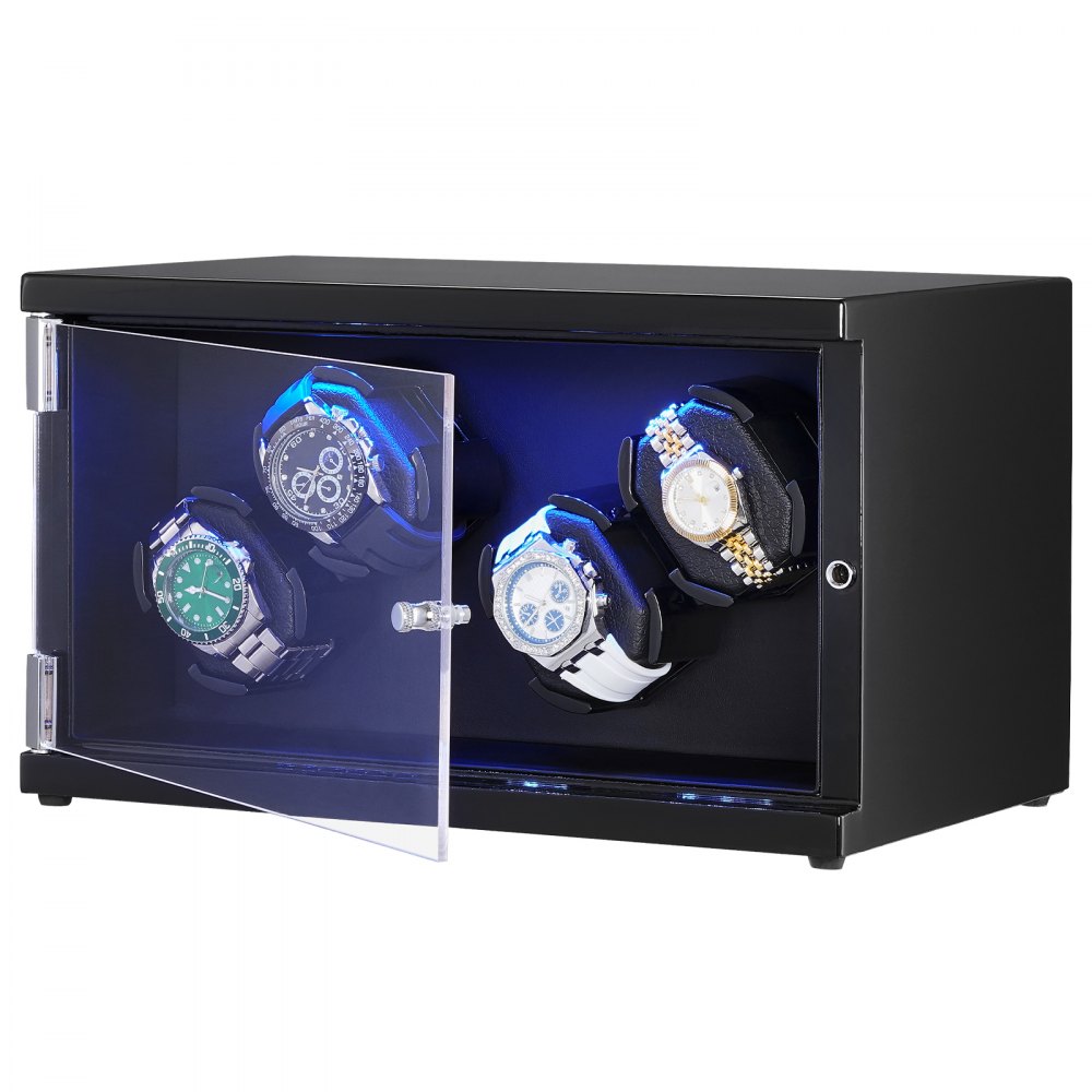 VEVOR Uhrenbeweger, Automatik-Uhrenbeweger, Watch Winder, Uhrenbeweger für Automatikuhren, Automatischer Uhrenbeweger mit Platz für 4 Uhren, LED Beleuchtung, Max. 20 cm Riemenlänge Schwarz