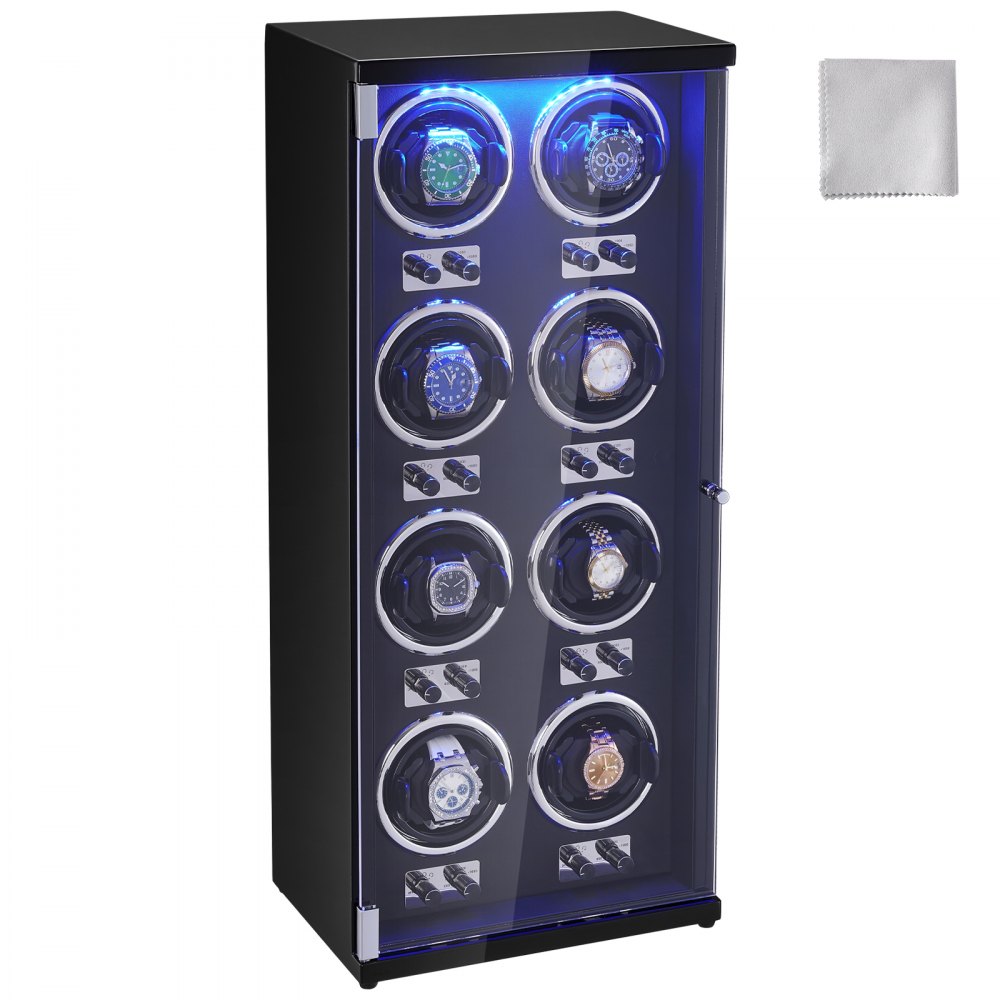 VEVOR Uhrenbeweger, Automatik-Uhrenbeweger, Watch Winder, Uhrenbeweger für Automatikuhren, Automatischer Uhrenbeweger mit Platz für 8 Uhren, LED Beleuchtung, 150–207 mm Einstellbar Riemenlänge