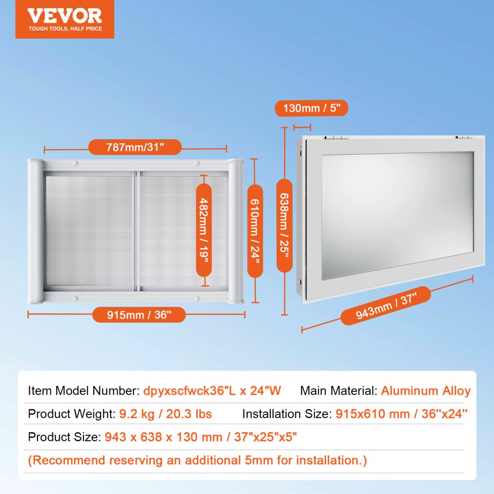 VEVOR Imbissfenster für Imbisswagen 915 x 610 mm großes Servicefenster aus Aluminiumlegierung, bis zu 29° schwenkbares Servierfenster mit 2 Schiebefenstern & Markisentür & Zughaken, für Imbisswagen