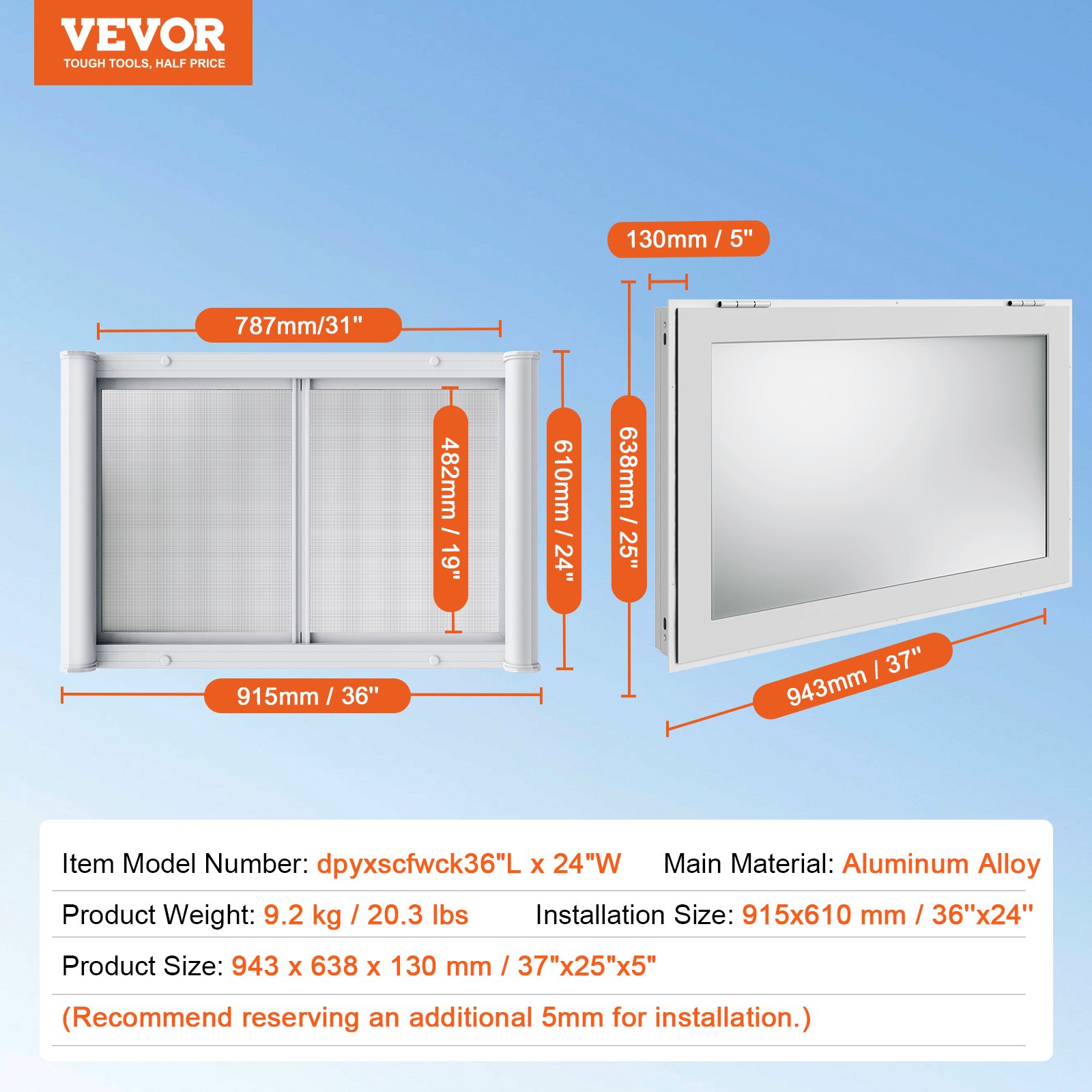 VEVOR Food Truck Window, 915 x 610 mm, Aluminum Alloy Service Window, Swivels Up to 29°, with 2 Sliding Windows, Awning Door & Pull Hook, for Food Trucks