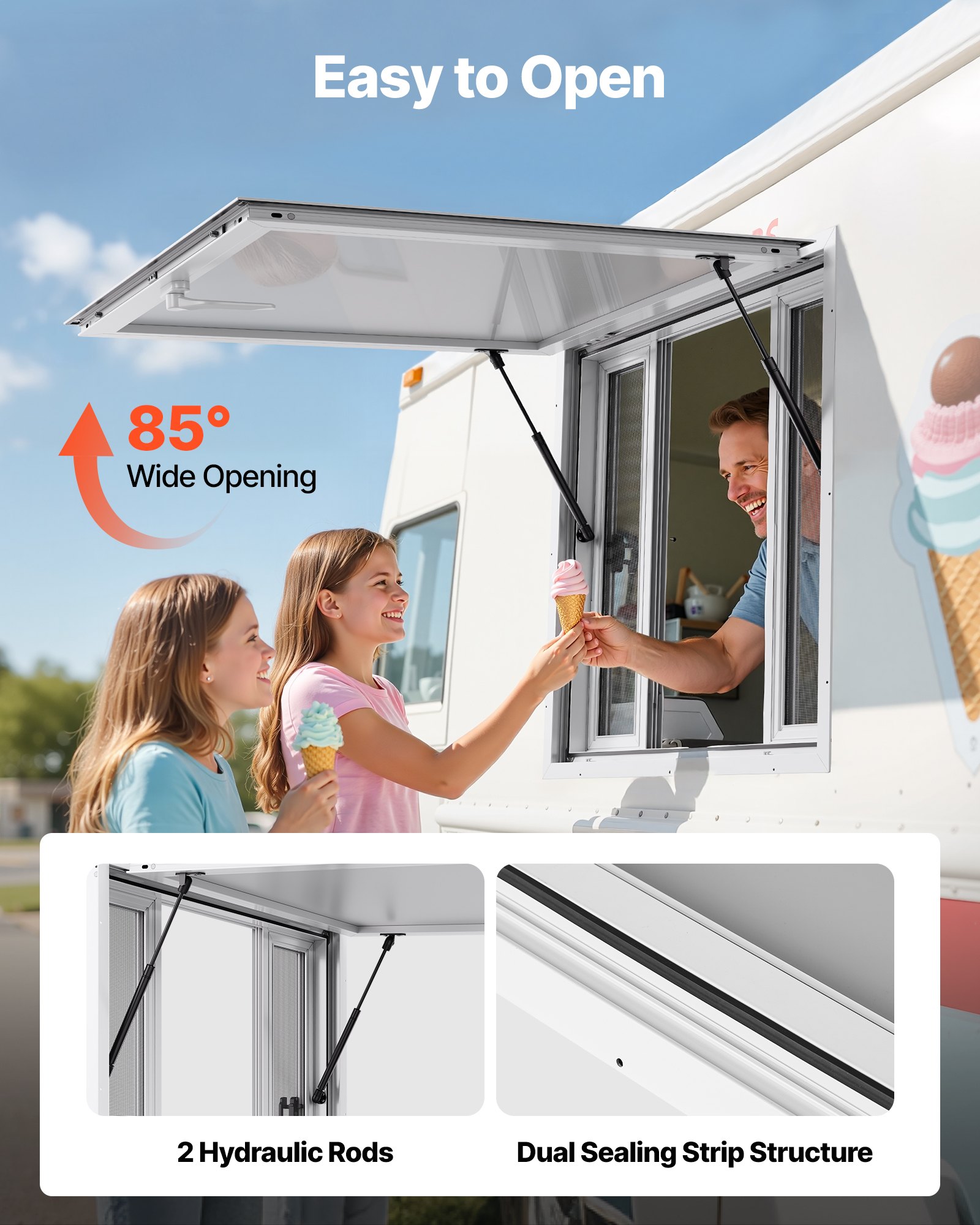 VEVOR Imbissfenster (915 x 915 mm Einbaumaß) mit Aluminiumrahmen, Imbissanhänger-Servierfenster mit 85°-Öffnungswinkel & 4 Schiebefenstern, Konzessionsfenster für Konzessionsstände Imbisswagen