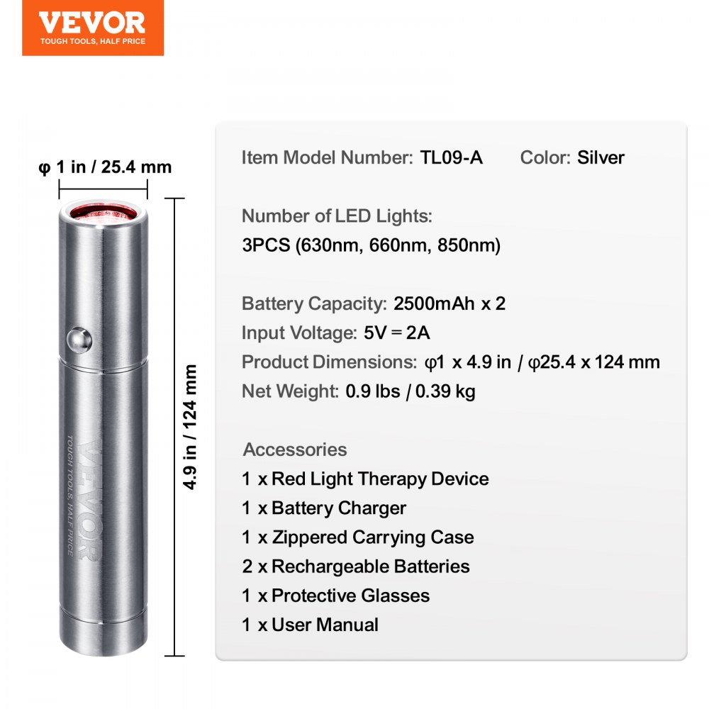 VEVOR Rotlichttherapiegerät, Rot- und Nahinfrarot-Lichttherapiestab mit 3 Wellenlängen, handgehaltene Rotlicht-Heiltherapie-Taschenlampe zur Schmerzlinderung in Gelenkmuskeln, Wundheilung, Hautheilung