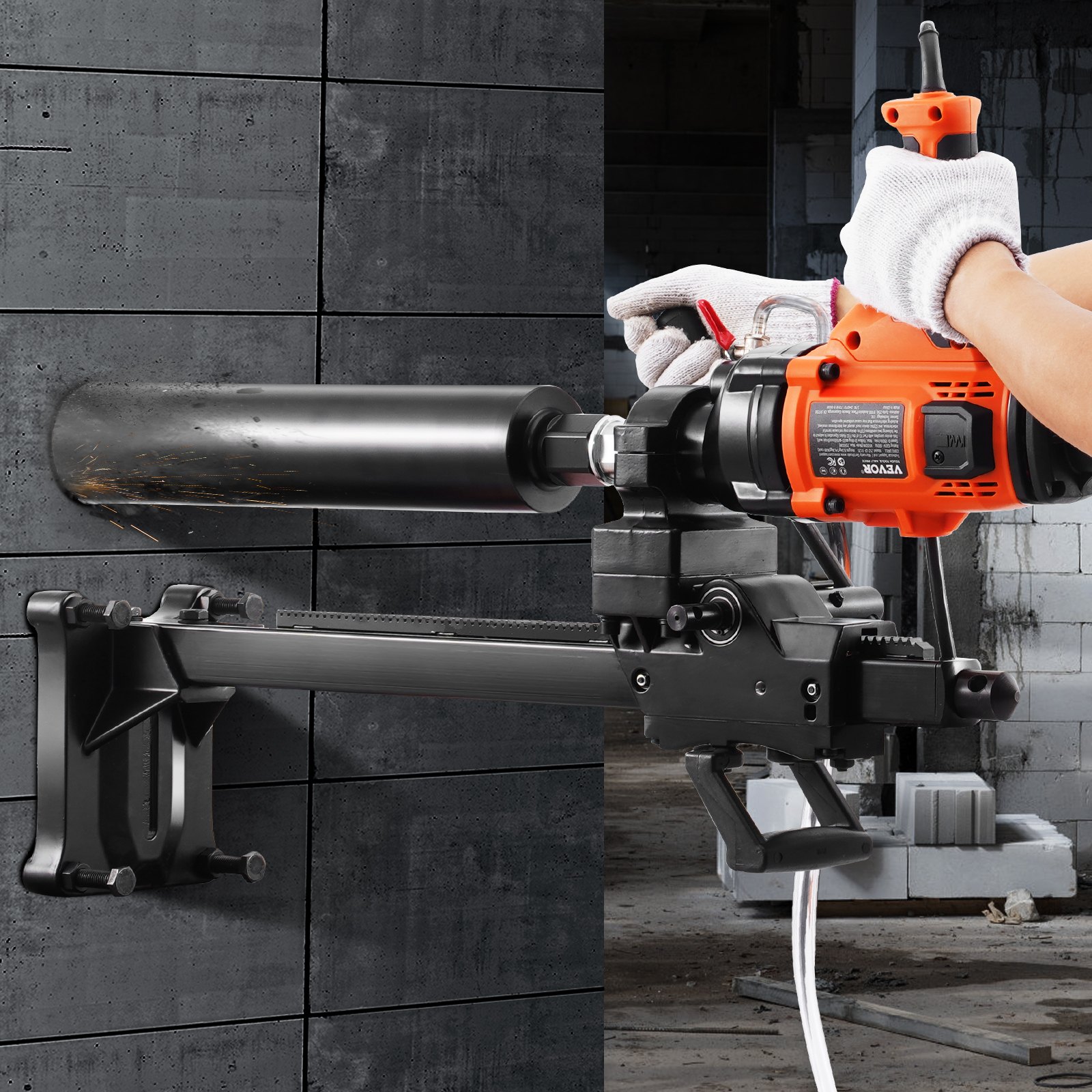 VEVOR Kernbohrmaschine Diamantkernbohrmaschine 2-16 cm Bohrdurchmesser, handgeführtes Diamant-Kernbohrgerät mit Ständer und Kernbohrer, 2000 W Beton-Kernbohrer Nass- und Trockenanwendung, für Beton