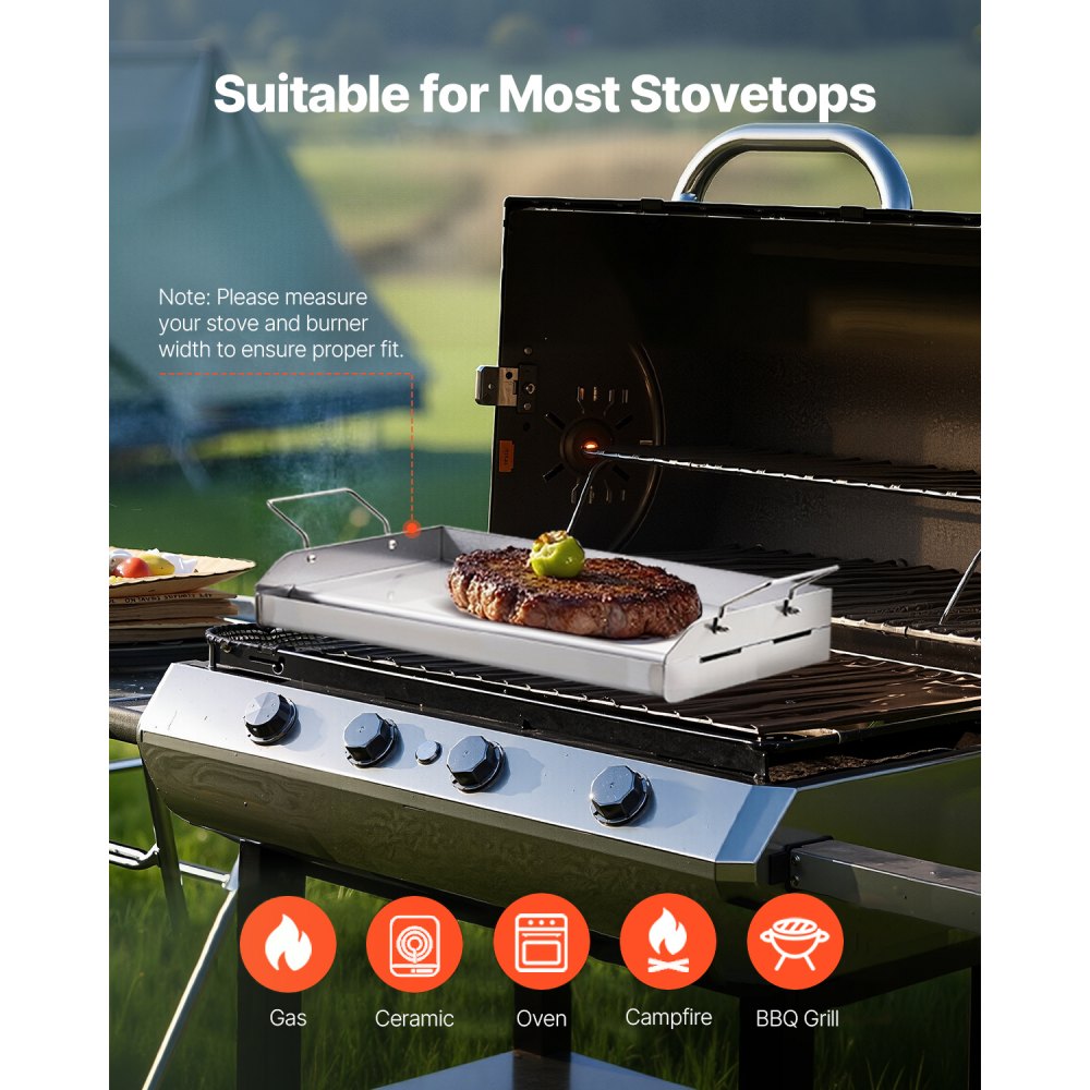 VEVOR Grillplatte Grillpfanne Edelstahl universelle rechteckige Platte (425x270mm) mit flacher Oberseite, Gasgrill-Grillplatte für BBQ-Grill Teppanyaki, tragbares Familienkochgeschirr mit Griff