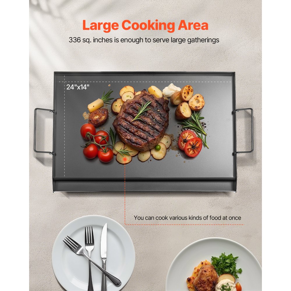 VEVOR Grillplatte Grillpfanne Karbonstahl universelle rechteckige Platte (605 x 360 mm) mit flacher Oberseite, Gasgrill-Grillplatte für BBQ-Grill Teppanyaki, tragbares Familienkochgeschirr mit Griff