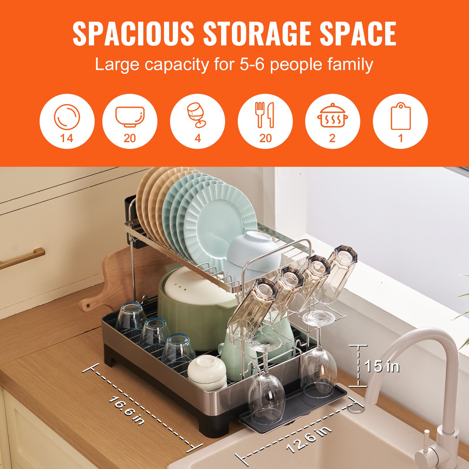VEVOR Abtropfgestell Geschirr 571 x 320 x 385 mm, 2-stufiges Geschirrabtropfgestell Edelstahl + PP, Geschirr Abtropfständer Abtropfgitter, Geschirrtrockner mit Utensilienhalter und Abtropfschale